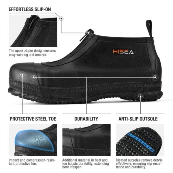 Black Zip-up Steel Toe Seamless Rubber Rain Boots Covers - Image 6