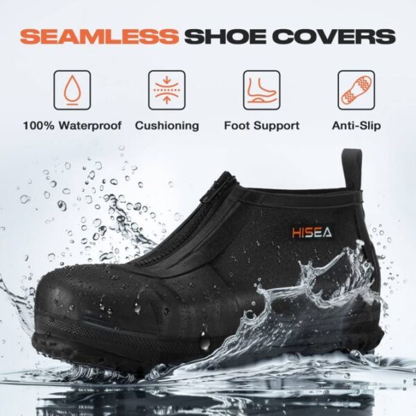 Black Zip-up Steel Toe Seamless Rubber Rain Boots Covers - Image 5